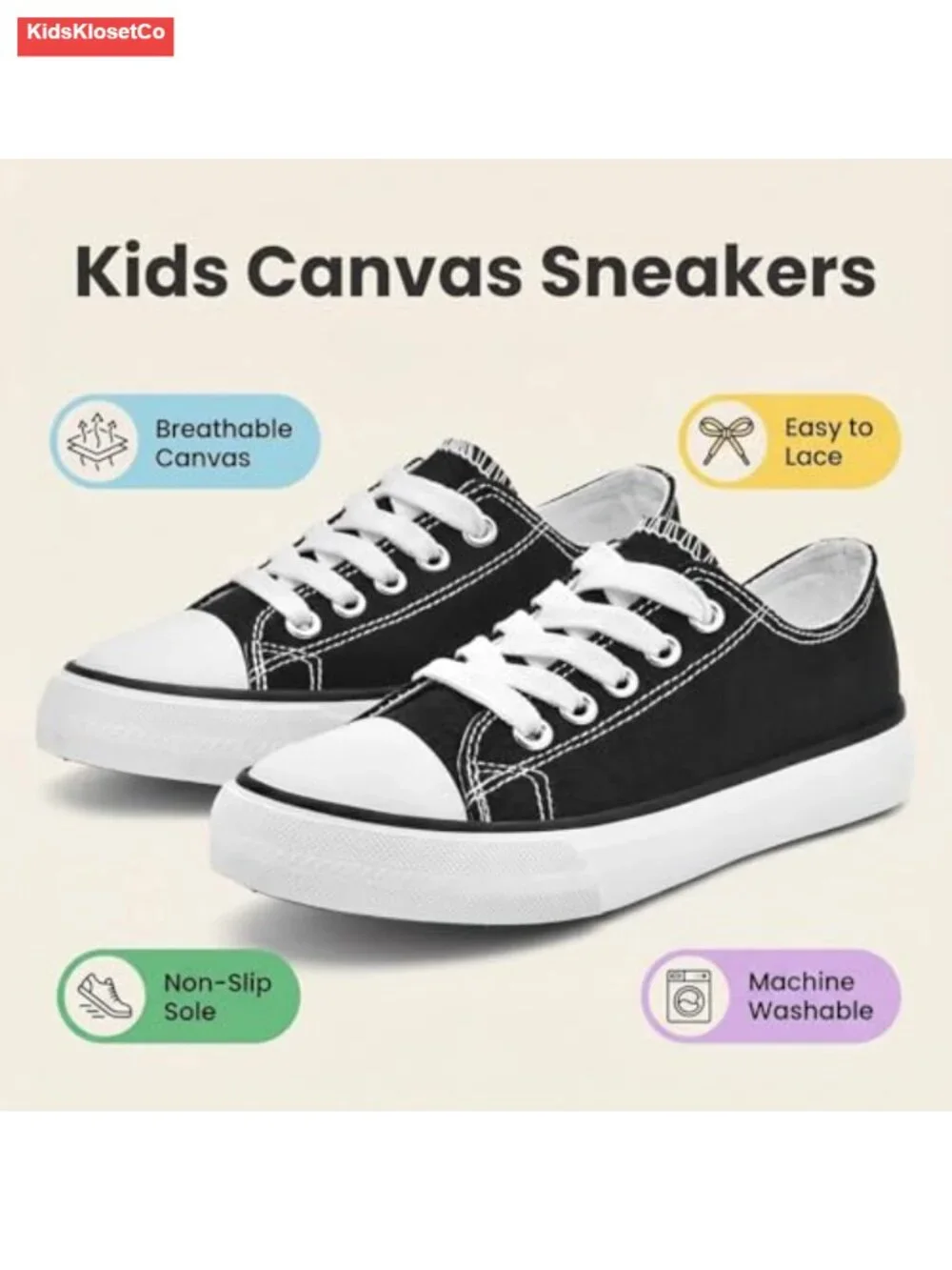 Canvas Low Top Sneakers for Toddlers, Easy Slip-On, Non-Slip Rubber Sole